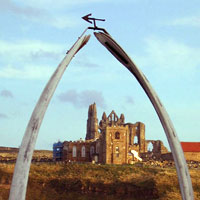 Whitby whale bones with the Abbey in the background